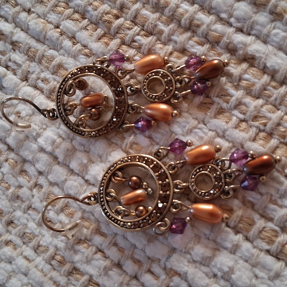 Monet Gold and Purple Pierced Beaded Dangle Earrings